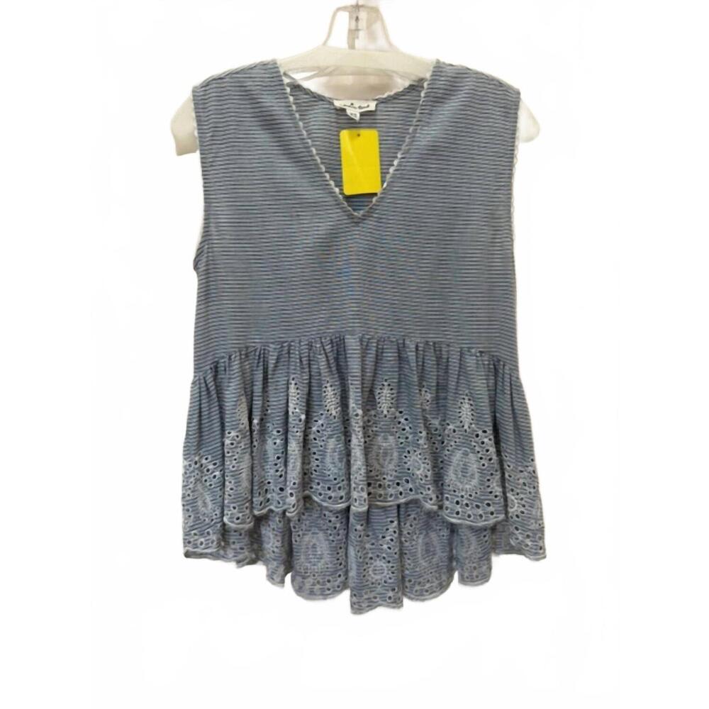NEW COUSIN EARL women's stripe peplum sleeveless top in blue & white